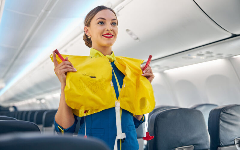 Flight attendant giving safety briefing