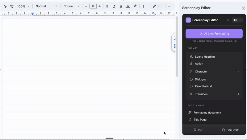 Screenplay Editor in action - Google Docs with screenplay formatting sidebar