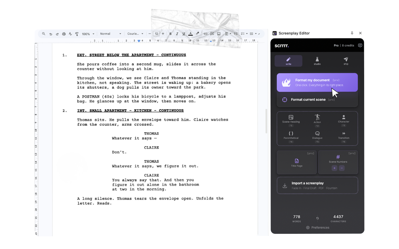 Formatted screenplay in Google Docs
