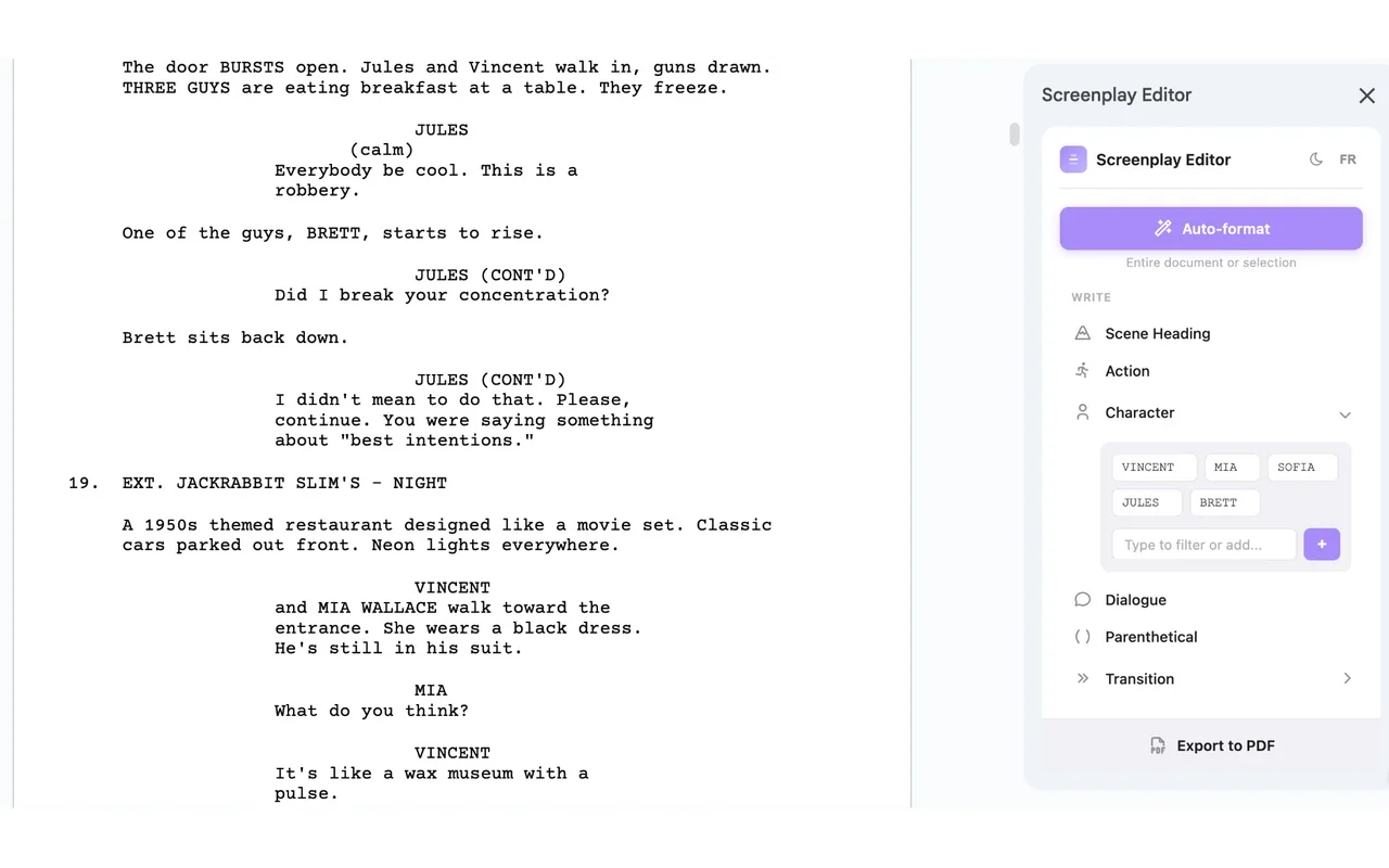 Screenplay Editor in action - Google Docs with screenplay formatting sidebar