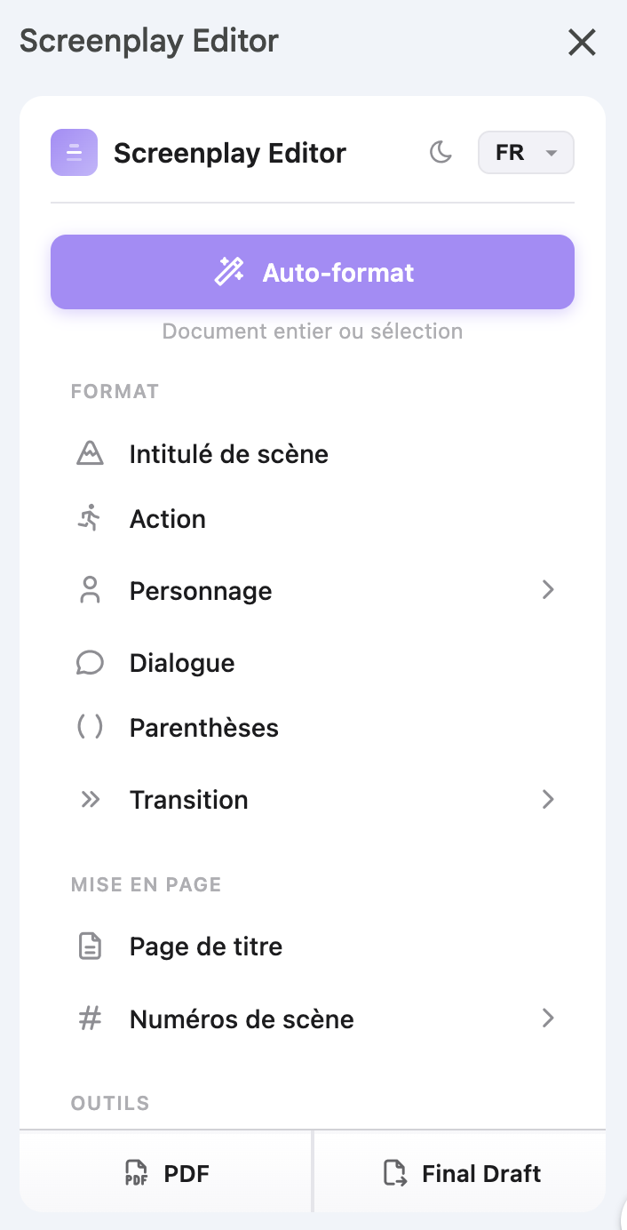 Screenplay Editor sidebar