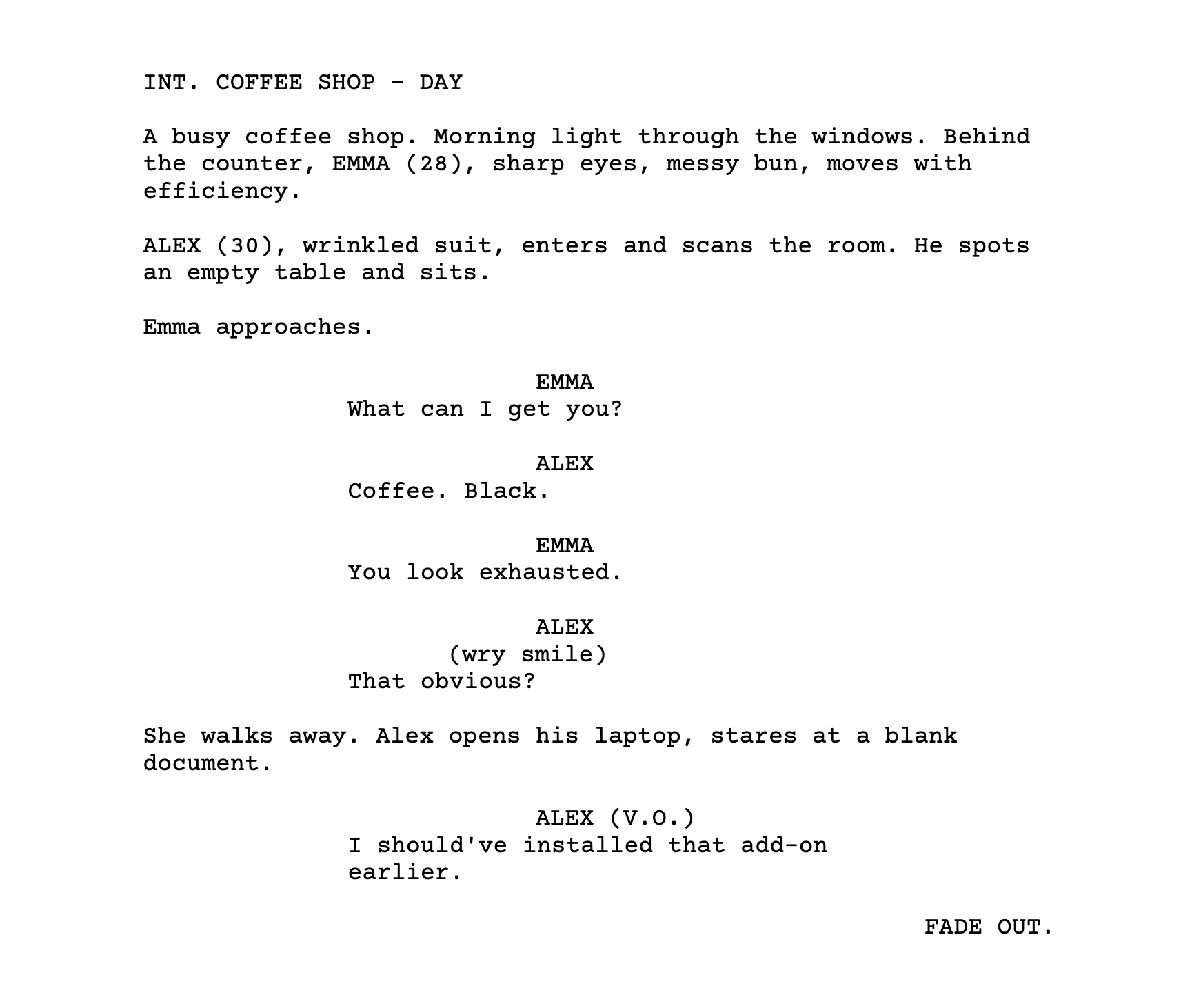 Screenplay template preview showing professional formatting with scene headings, dialogue, and transitions