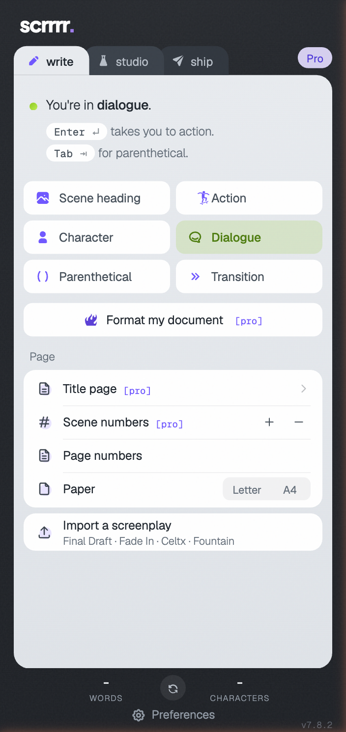 The Screenplay Editor pane in Word: the six elements, Format my document, title page, scene numbers, import.